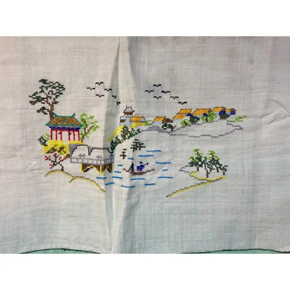 Vintage Chinese Linen Card Table Cloth Petit Embroidery Work 48x48